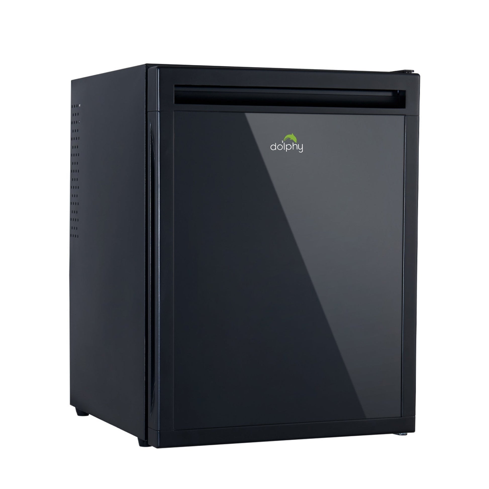 Dolphy thermoelectric minibar in black with a solid reversible door, showing the compact 40 litre cabinet and recessed door handle