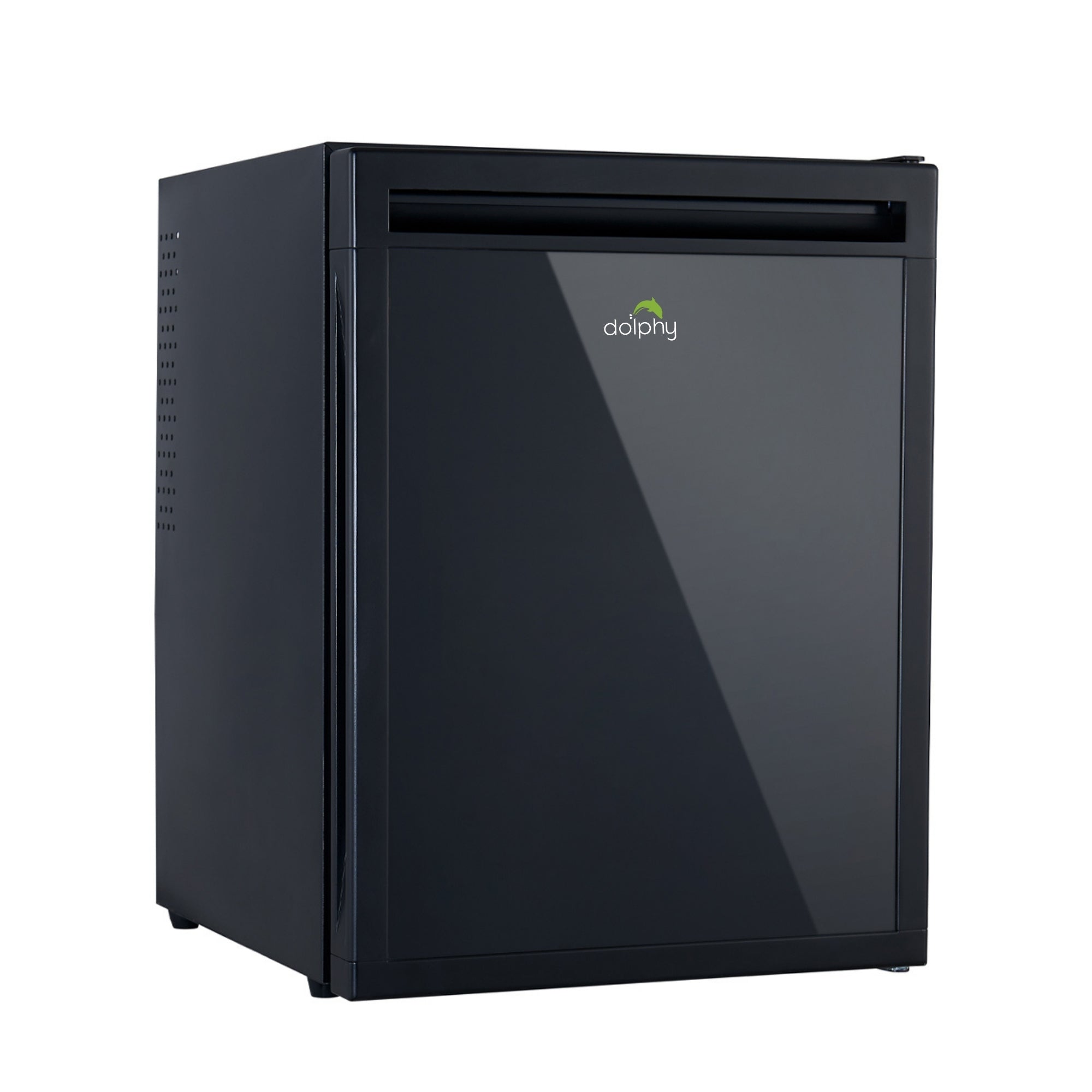 Dolphy thermoelectric minibar in black with a solid reversible door, showing the compact 40 litre cabinet and recessed door handle