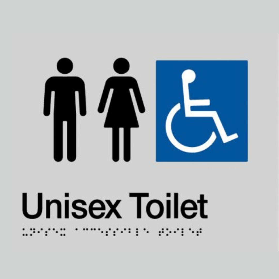 Dolphy unisex accessible toilet braille and tactile sign with a silver face, showing the raised wheelchair symbol, raised lettering and braille dots beneath