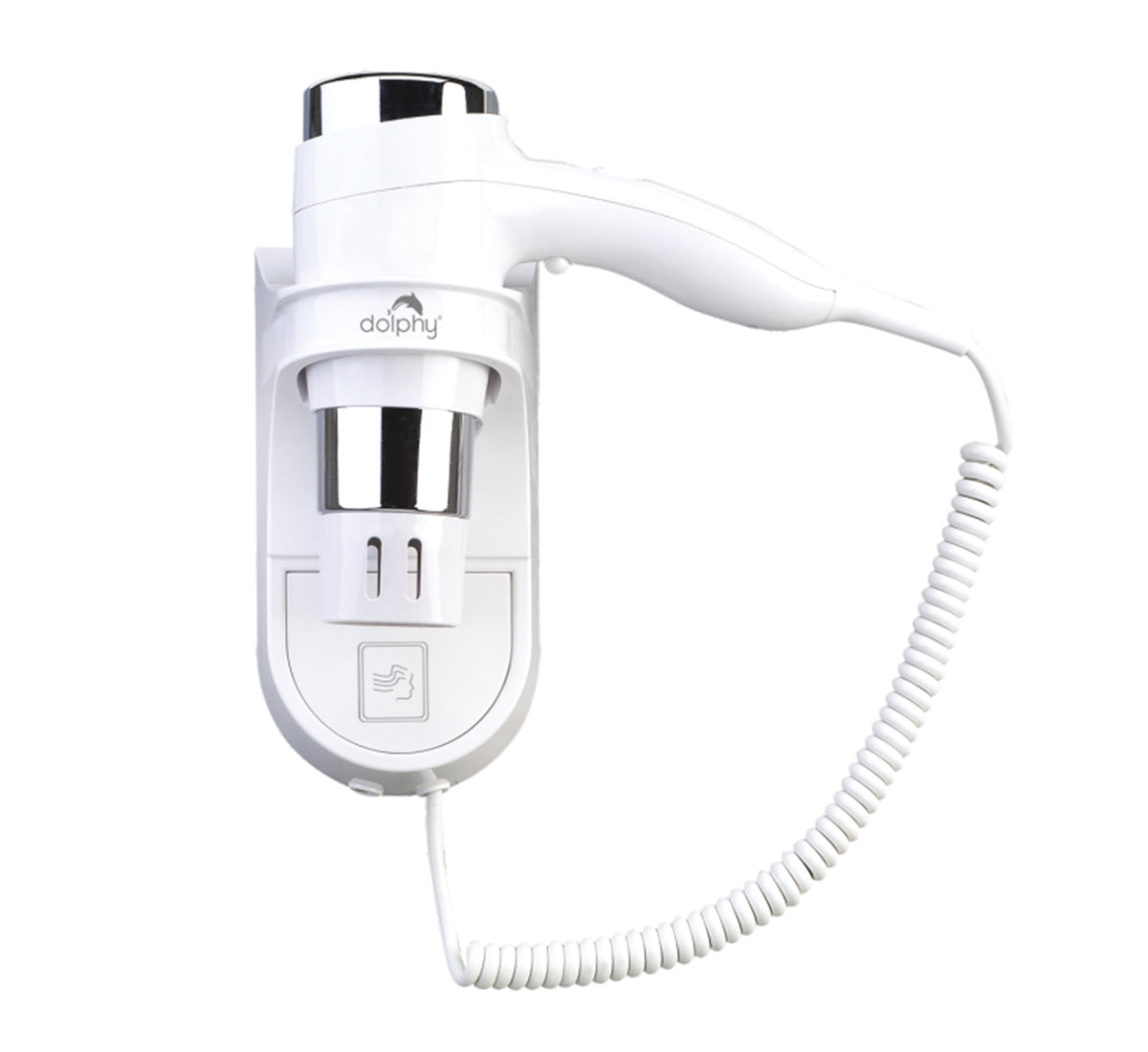 Dolphy wall mount hair dryer in white ABS, showing the handheld unit seated in its wall bracket with speed and heat controls