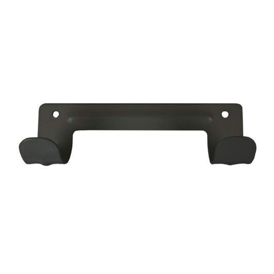 Dolphy wall mount ironing board holder in black powder coated metal, showing the twin hooks that hold a folded ironing board against the wall