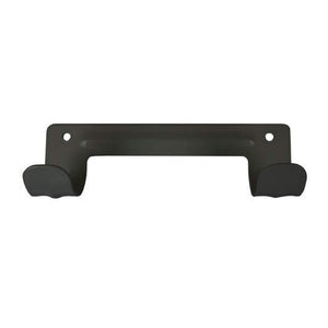 Dolphy wall mount ironing board holder in black, a slim powder coated bar with two screw holes and a rounded hook at each end
