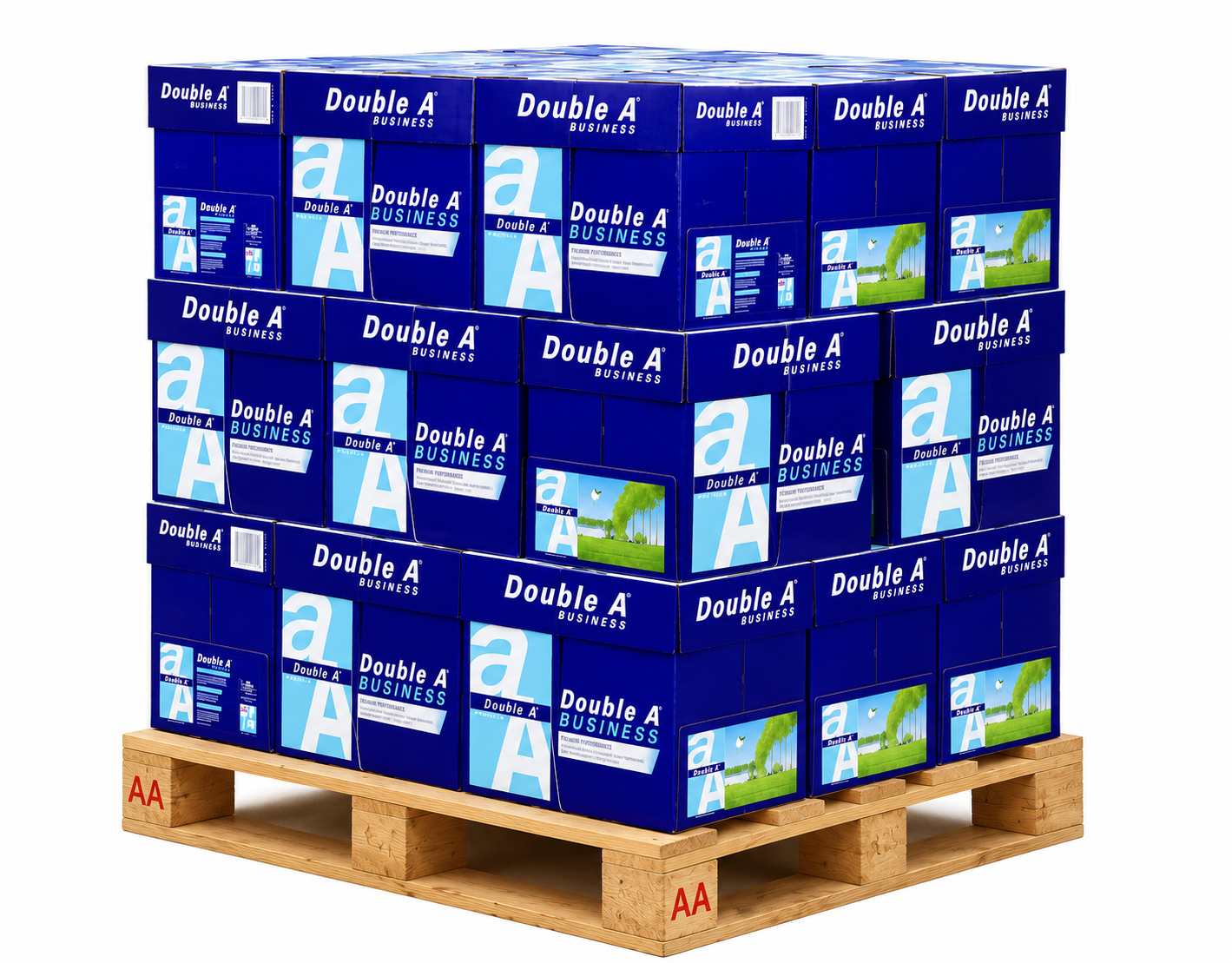 Double A Business copy paper cartons stacked on a wooden pallet against a clean white background.