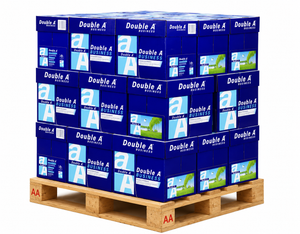 Double A Business copy paper cartons stacked on a wooden pallet against a clean white background.