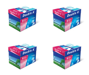Four Double A 5 ream cartons in a two by two grid, each blue with the pink NBCF Major Partner panel, a composite of the official carton render.