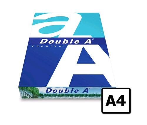 Single wrapped ream of Double A Premium A4 80gsm copy paper viewed from the front, showing the large blue A logo, the plantation image along the base of the wrapper and a black A4 size badge