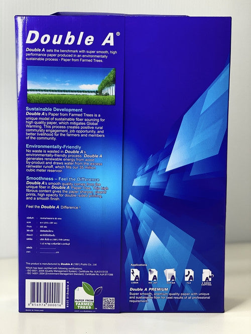 Reverse of the Double A A4 ream wrapper showing the Paper from Farmed Trees panel, the sustainable development and smoothness product notes, the ISO 9001 and ISO 14001 certificate statements, the barcode and the laser, inkjet, copier, fax and two sided copying application icons