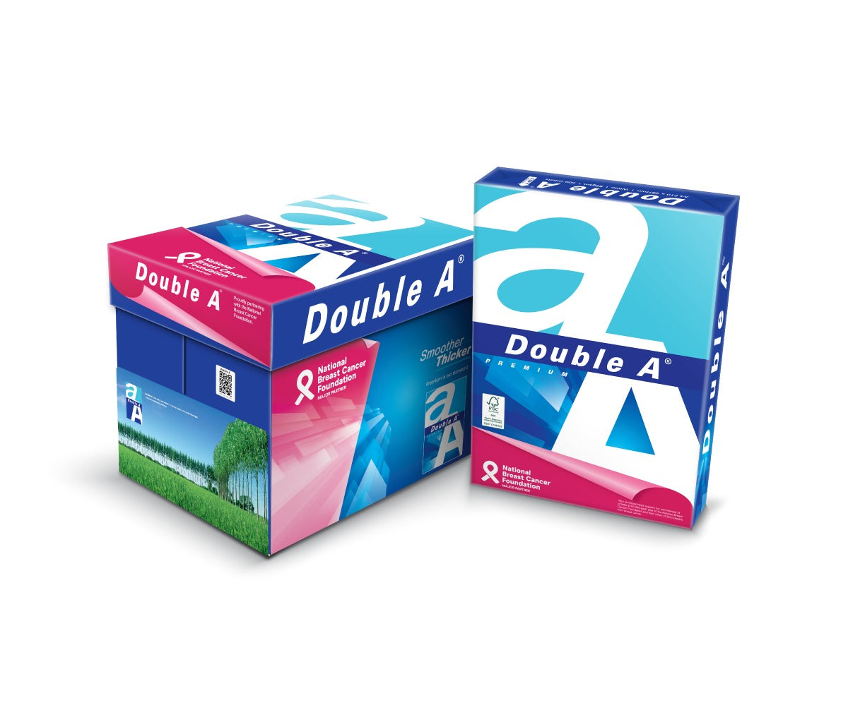 Double A 5 ream carton with the pink NBCF Major Partner panel beside one wrapped Double A Premium A4 ream standing upright, official render on white.