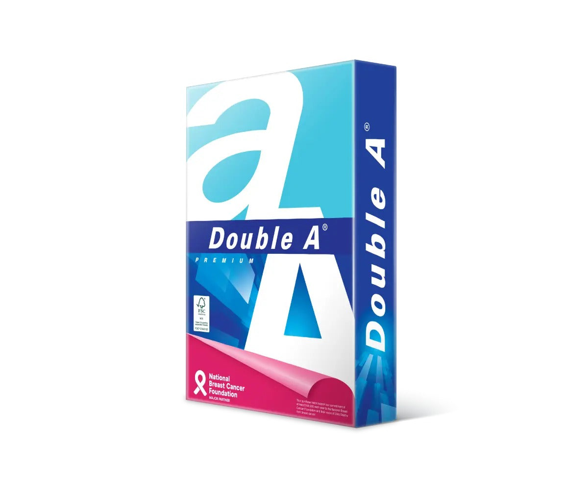 Double A Premium A4 80gsm ream, white wrapper with large blue letters, Double A Premium, FSC Mix label and pink NBCF Major Partner panel, official render.