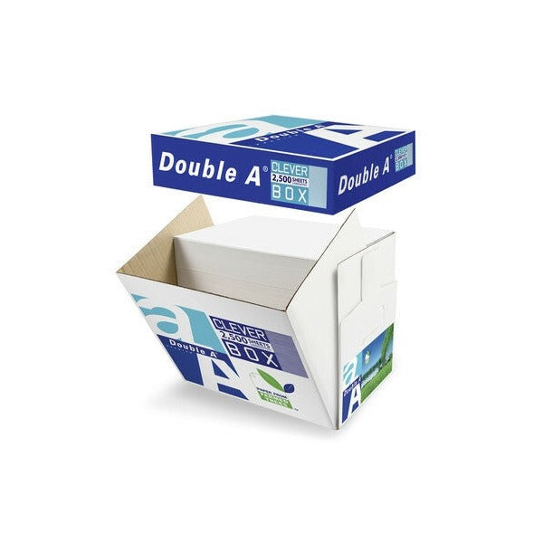 Double A Clever Box with the lid removed and the front panel folded down, showing the loose stack of unwrapped A4 sheets ready to be taken from the box, earlier white inner-box livery.