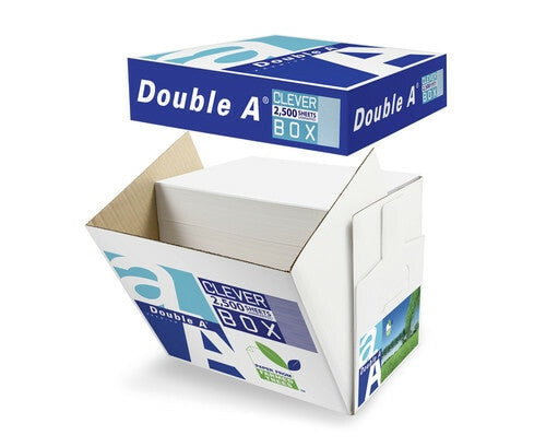 Double A Clever Box with the lid removed and the front panel folded down, showing the loose stack of unwrapped A4 sheets ready to be taken from the box, earlier white inner-box livery.