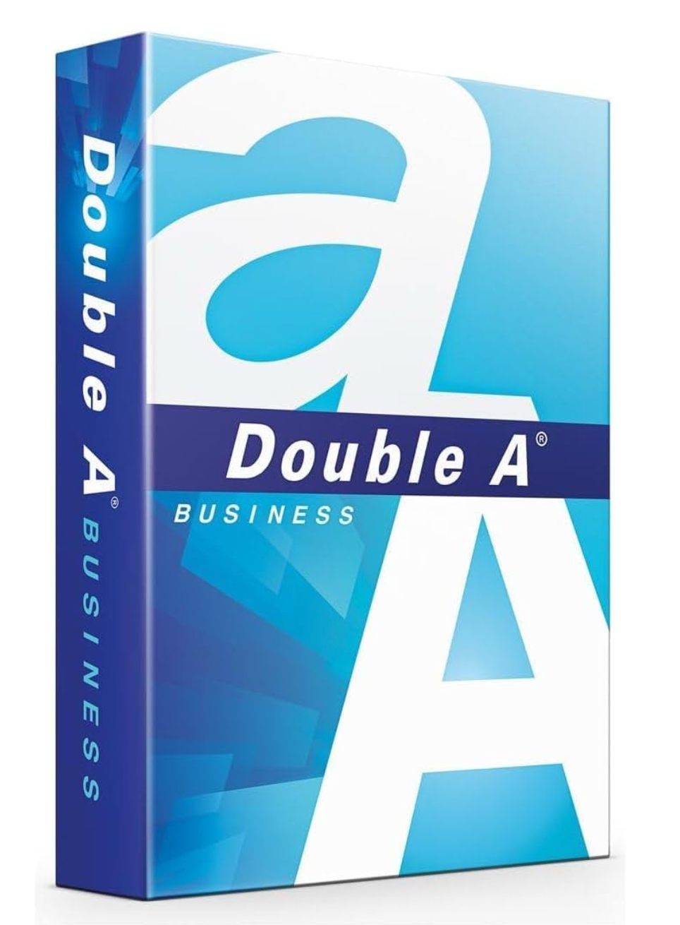 Double A Business A4 copy paper ream box shown upright with blue packaging on a white background.