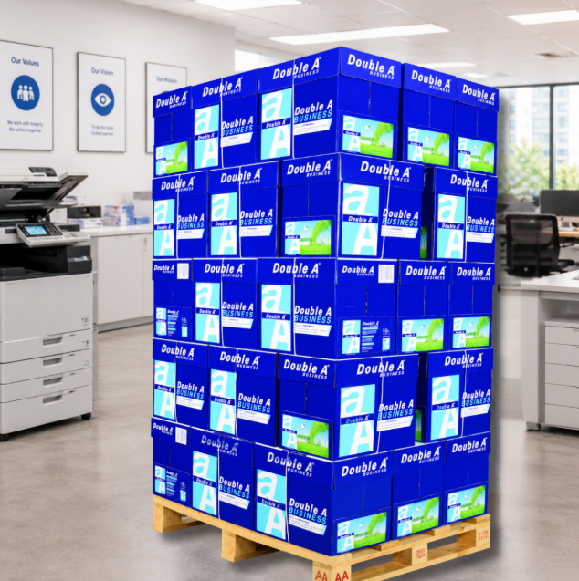 Double A Business copy paper 300 ream full pallet in a bright corporate photocopy area beside office print equipment.