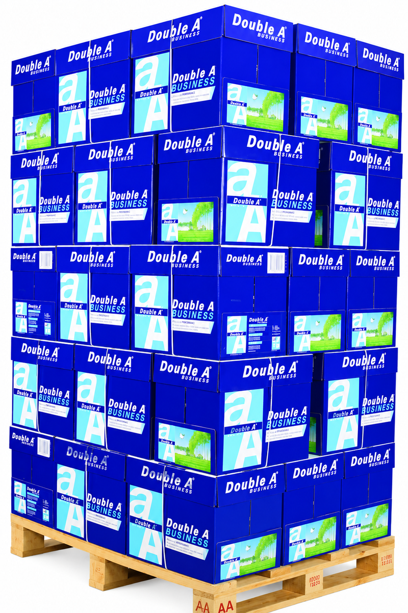 Double A Business copy paper 300 ream full pallet stacked on a wooden pallet against a bright white background.