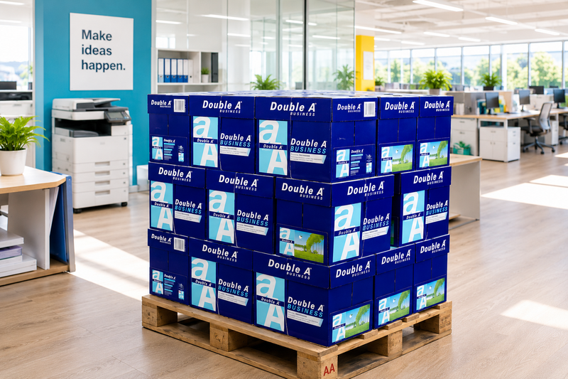 Double A Business copy paper cartons stacked on a pallet in a bright modern office space with print room equipment.