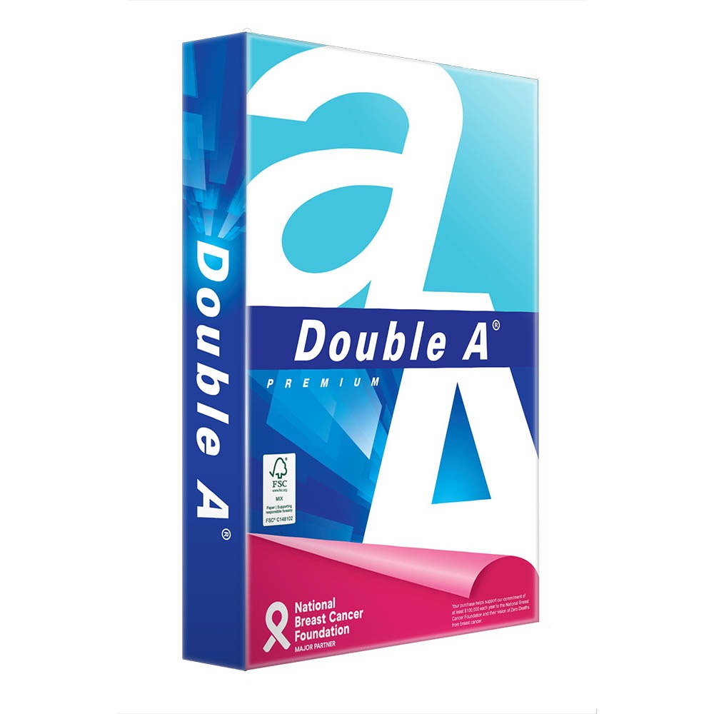 Single wrapped ream of Double A Premium A4 copy paper standing upright, cyan and blue wrapper with a navy Double A banner, an FSC Mix certification mark and a pink National Breast Cancer Foundation panel curling across the base.