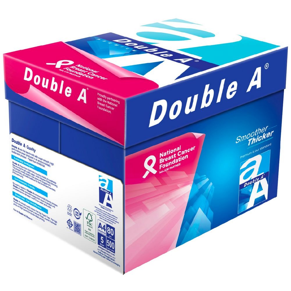 Sealed Double A A4 copy paper carton photographed at an angle on a white background, deep blue box with a pink National Breast Cancer Foundation panel, the Smoother Thicker strapline and a side badge reading A4, 80 gsm, 5 reams, 500 sheets.