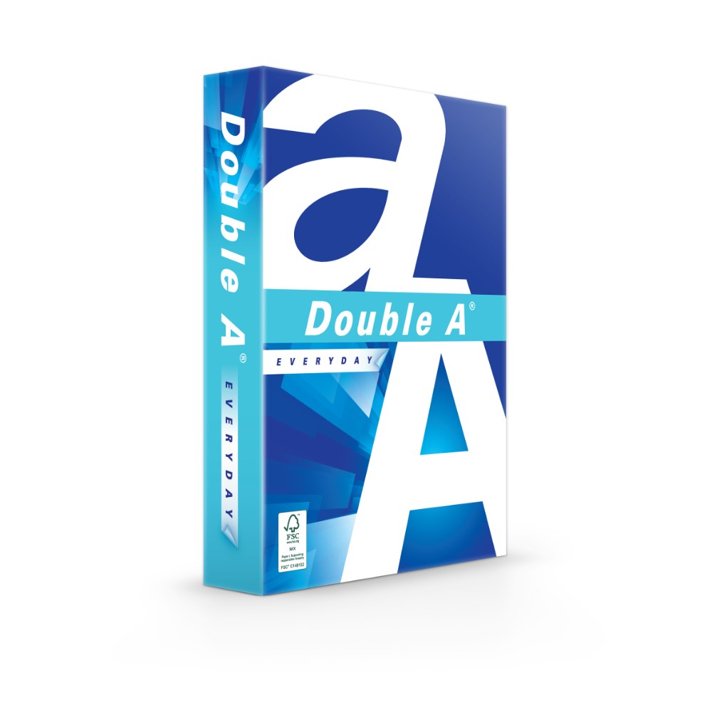 Single ream of Double A Everyday A4 copy paper in a blue and white wrapper with the large Double A letters, Everyday on the spine and an FSC label.