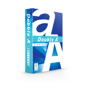 Single ream of Double A Everyday A4 copy paper in a blue and white wrapper with the large Double A letters, Everyday on the spine and an FSC label.
