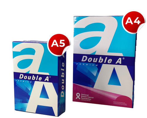 Double A Premium A5 ream standing beside a larger A4 ream with the pink NBCF panel, showing the A5 sheet is half the size of A4.