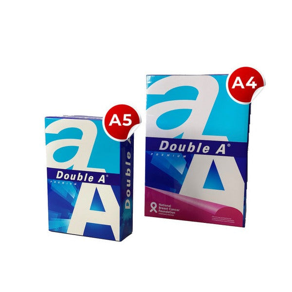 Double A Premium A5 ream standing beside a larger A4 ream with the pink NBCF panel, showing the A5 sheet is half the size of A4.