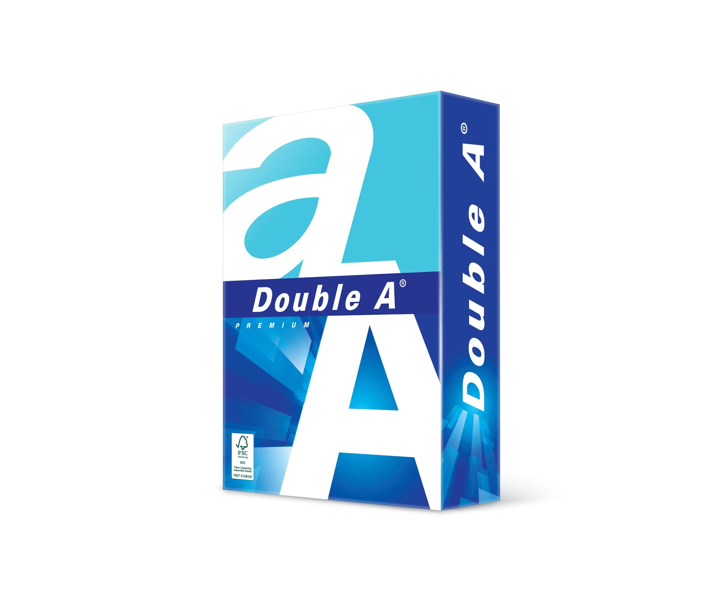 Double A Premium A5 80gsm ream, white wrapper with large blue letters, Double A Premium and the FSC Mix label, no pink panel, official render.