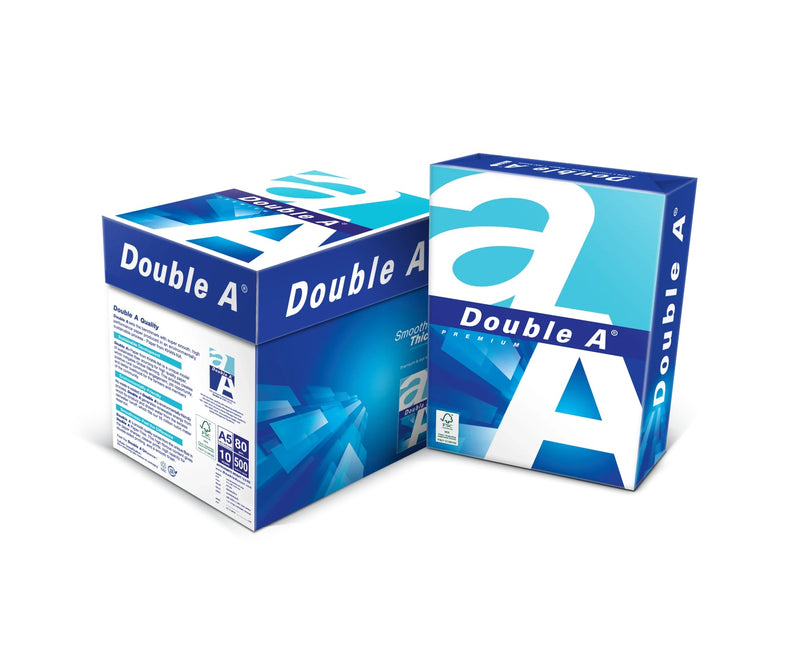 Double A Premium A5 ream standing in front of the blue 10 ream A5 box, shown for scale; the 10 ream box is a separate product and this listing is one ream, official render.