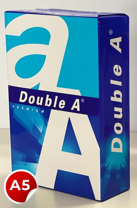 Photograph of a Double A Premium A5 ream in the white and blue wrapper standing upright on a grey bench, with a red A5 size badge overlaid.