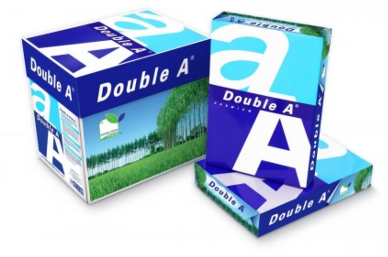 Double A Premium copy paper carton and ream packs displayed together to show bulk office paper packaging.
