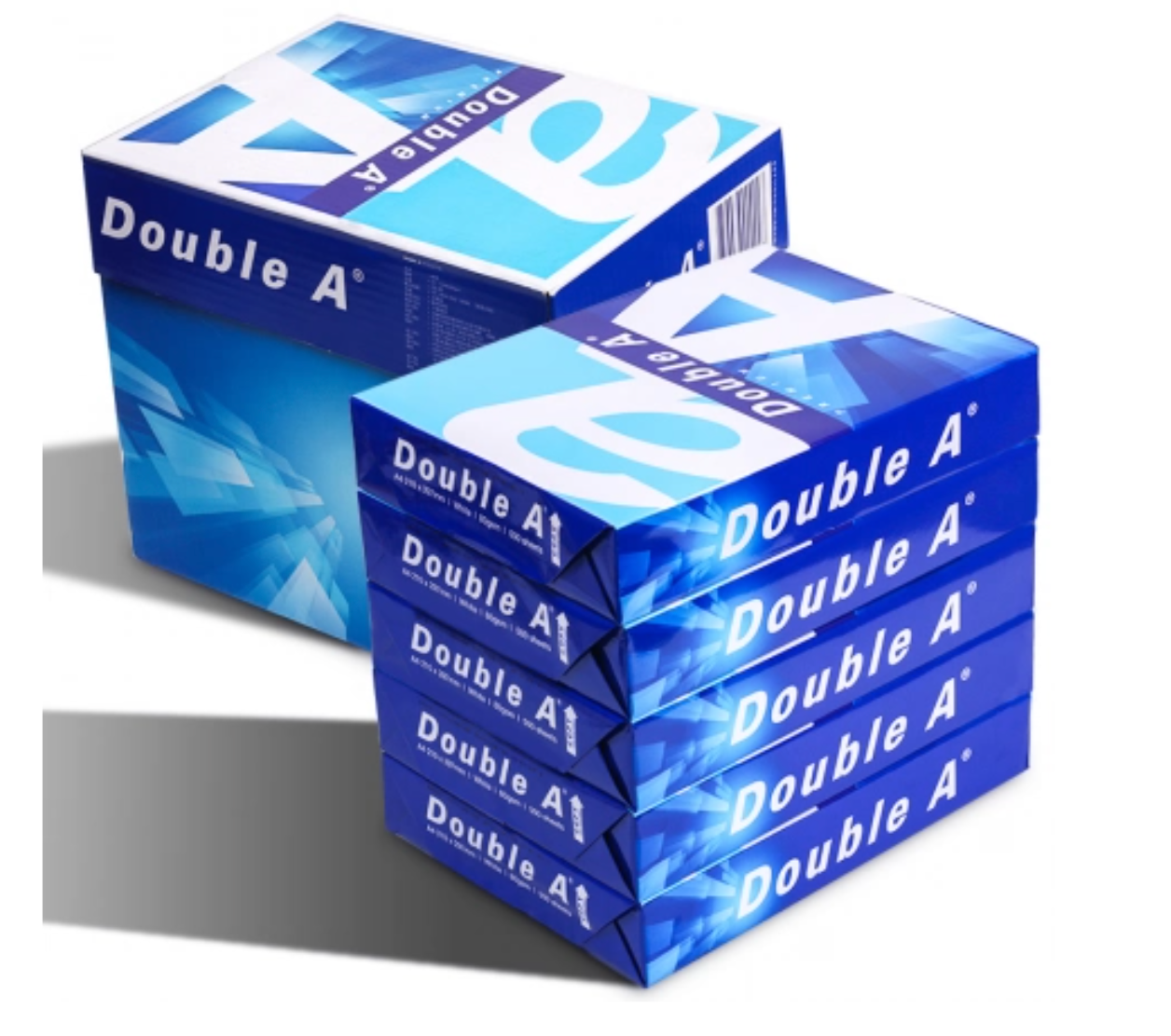 Double A Premium copy paper carton with multiple ream packs stacked beside it on a white background.