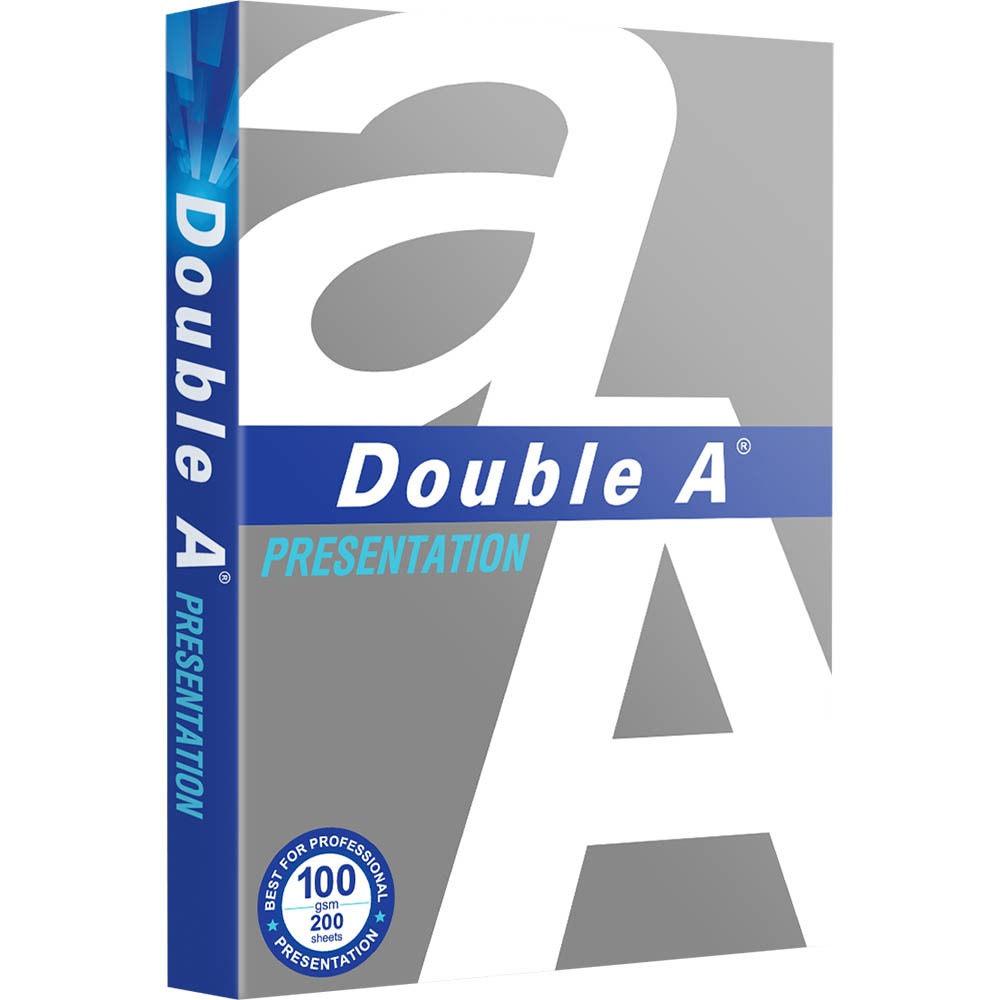 Upright pack of Double A Presentation A4 paper on a white background, silver and grey wrapper with a blue Double A banner, a blue spine and a round blue badge at the lower left reading best for professional, 100 gsm, 200 sheets.