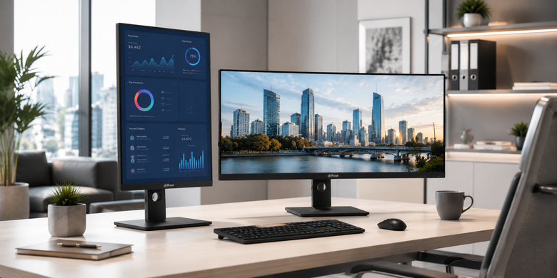 Bright executive office featuring dual Dahua business monitors in landscape and portrait orientation on a clean modern workstation designed for productivity and professional performance.