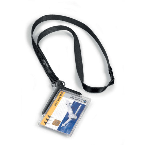 Durable 820758 Acrylic Card Holder Deluxe with adjustable textile necklace, clear acrylic body holding one ID card for hands-free display, 85 x 54mm