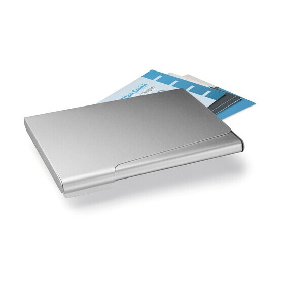 Closed aluminium business card box with blue business cards behind it