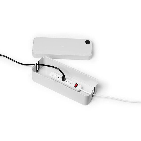 Durable Cavoline cable box with the lid off, a power strip with switch inside and a black lead running out one end