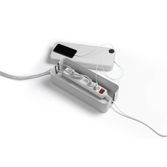 Grey Cavoline cable box with the lid lifted to show a power strip inside and a phone charging on the lid