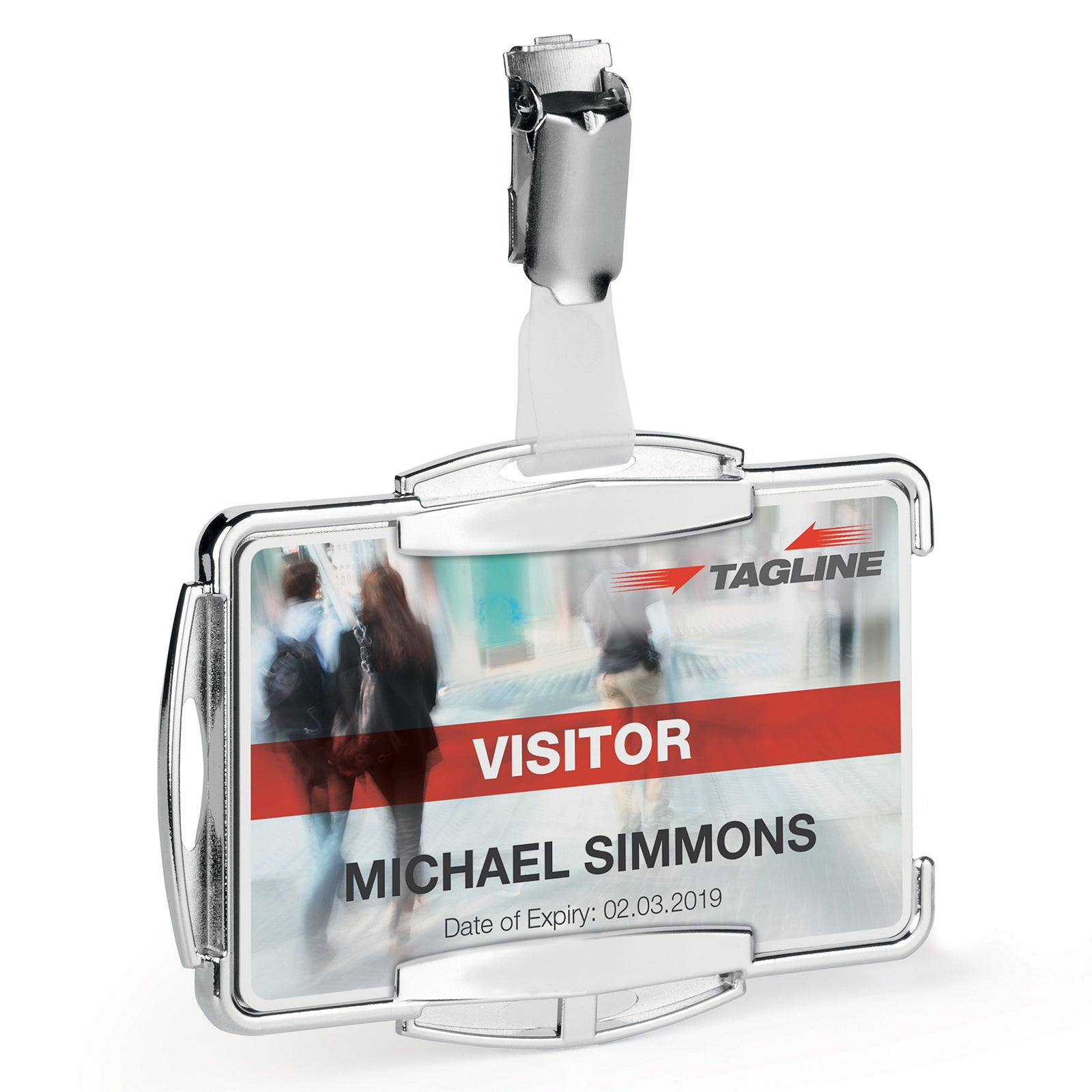 Studio product image of the Durable RFID Secure Mono Card Holder against a white background. The silver frame, rotating clip fastener and clear front window are prominently displayed, highlighting the premium construction, RFID protection and professional design for standard sized identification cards.