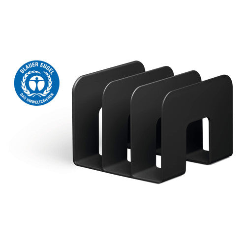 Durable ECO black catalogue stand with three compartments holding brochures and magazines, front view