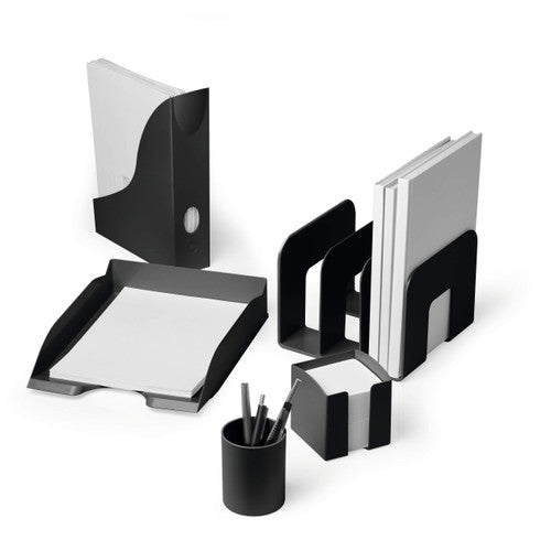 Durable ECO black catalogue stand showing portrait and landscape orientation capability, side angle view