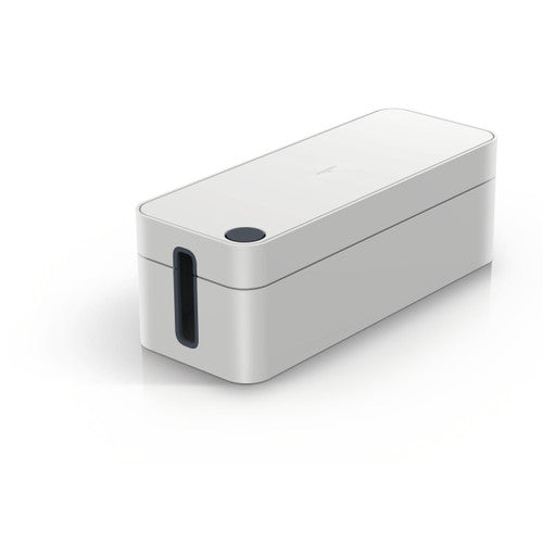 Durable 503010 Cavoline cable box L in light grey, closed, with a dark cable slot at the end and a round lid opening