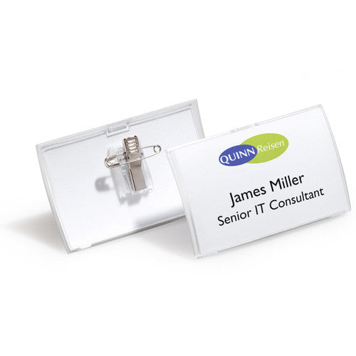 Durable 821419 Click Fold Name Badge showing combi clip detail with pin and alligator clip options for flexible attachment to any clothing type