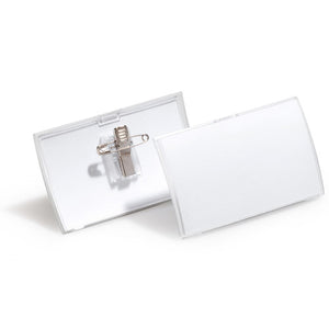 Durable Click Fold name badge opened flat, empty, with combi clip on the back panel