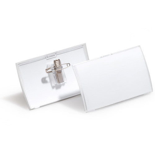 Durable 821419 Click Fold Name Badge with combi clip, closed view showing elegantly curved clear PP convex body 90mm wide x 54mm high