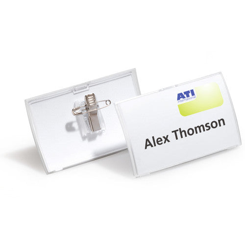 Durable 821419 Click Fold Name Badge open clamshell view showing simple insert slide-in mechanism for fast personalisation of printed inserts