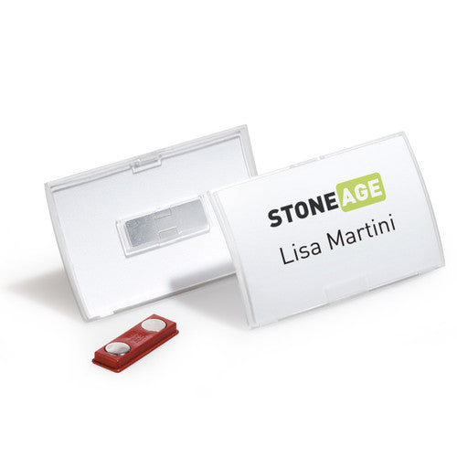 Durable 821519 Click Fold Name Badge showing back view with double magnet attachment for fabric-safe ID display without pin holes
