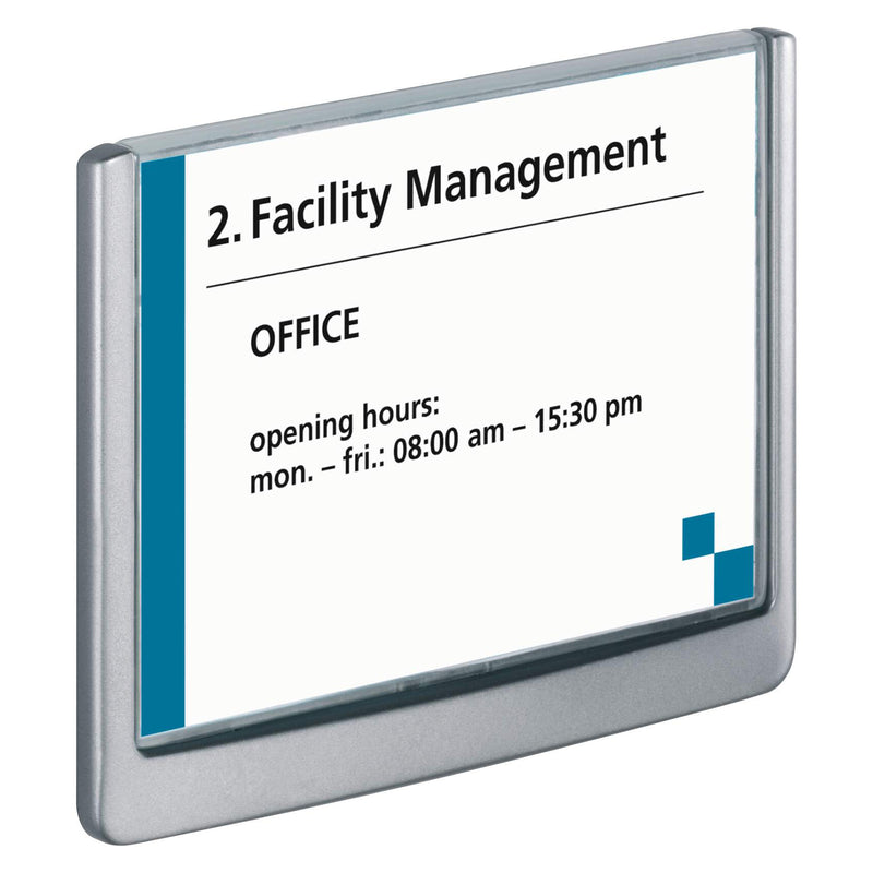 Perspective product view of the Durable Click Sign 149 x 105.5mm Grey highlighting the depth of the frame and transparent viewing window. The angled presentation showcases the robust construction, smooth finish and professional styling suitable for high traffic commercial environments.