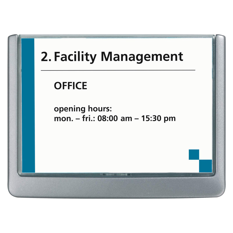 Front facing product image of the Durable Click Sign 149 x 105.5mm Grey against a clean white background. The sign clearly displays the removable information insert, grey plastic frame and generous display area, making it ideal for catalogue listings and online product presentation.