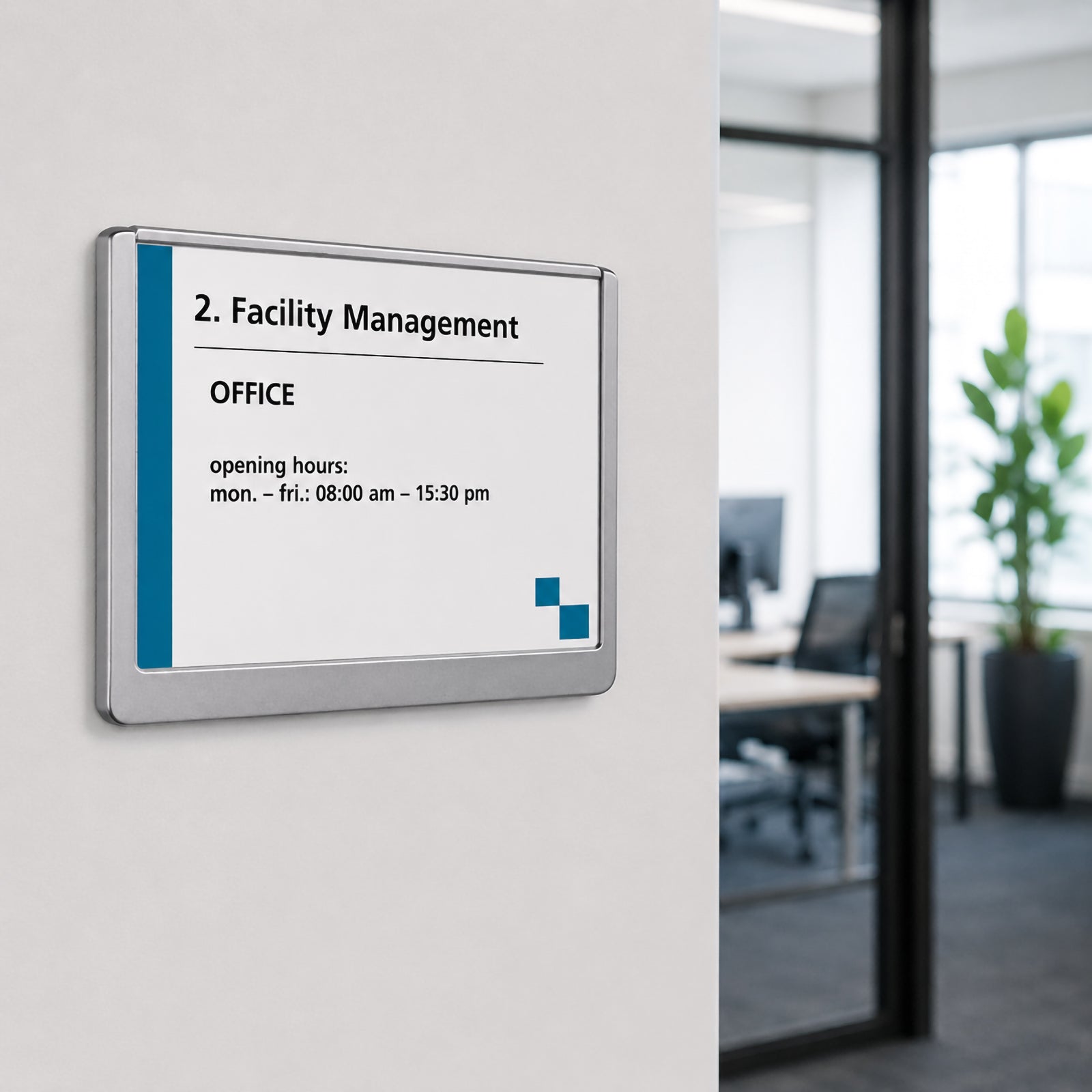 Angled close up of the Durable Click Sign 149 x 105.5mm Grey securely mounted on an office wall outside a glass meeting room. The image showcases the premium finish, clear information display and modern design that suits commercial offices, healthcare facilities and educational environments.