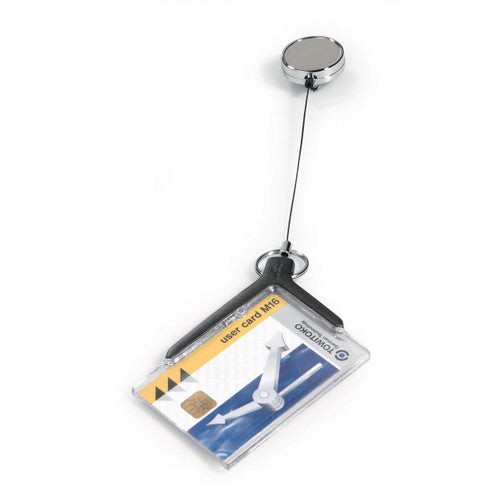 Durable Deluxe Pro clear acrylic ID card holder with chrome retractable badge reel and metal clip