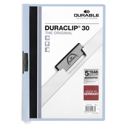 Durable 220006 Duraclip 30 Document File A4 blue spine hero view showing transparent anti-glare cover and 3mm blue spine for colour-coded filing